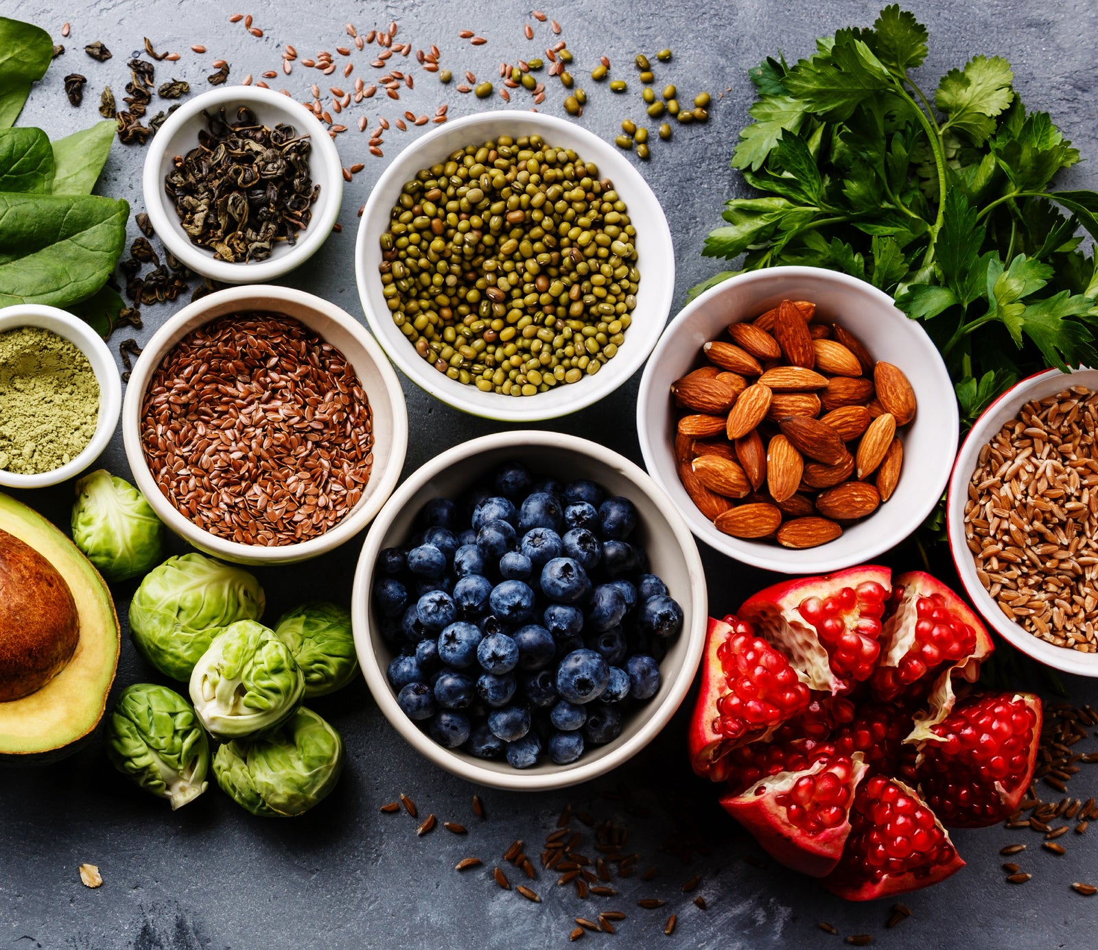 Bowls of nuts, seeds and berries