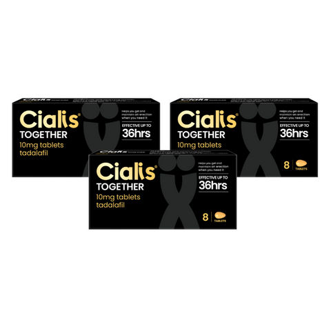 Three boxes of Cialis Together 10mg tablets on a white background