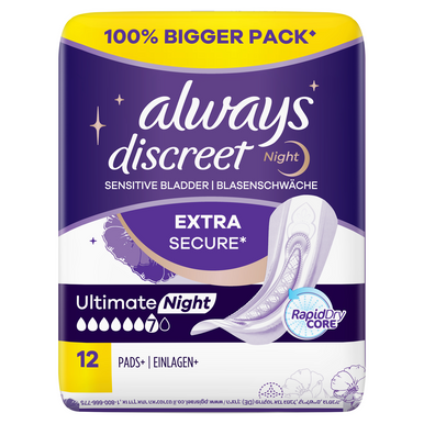 Always Discreet Incontinence Pads Women Ultimate Night 12 Pads