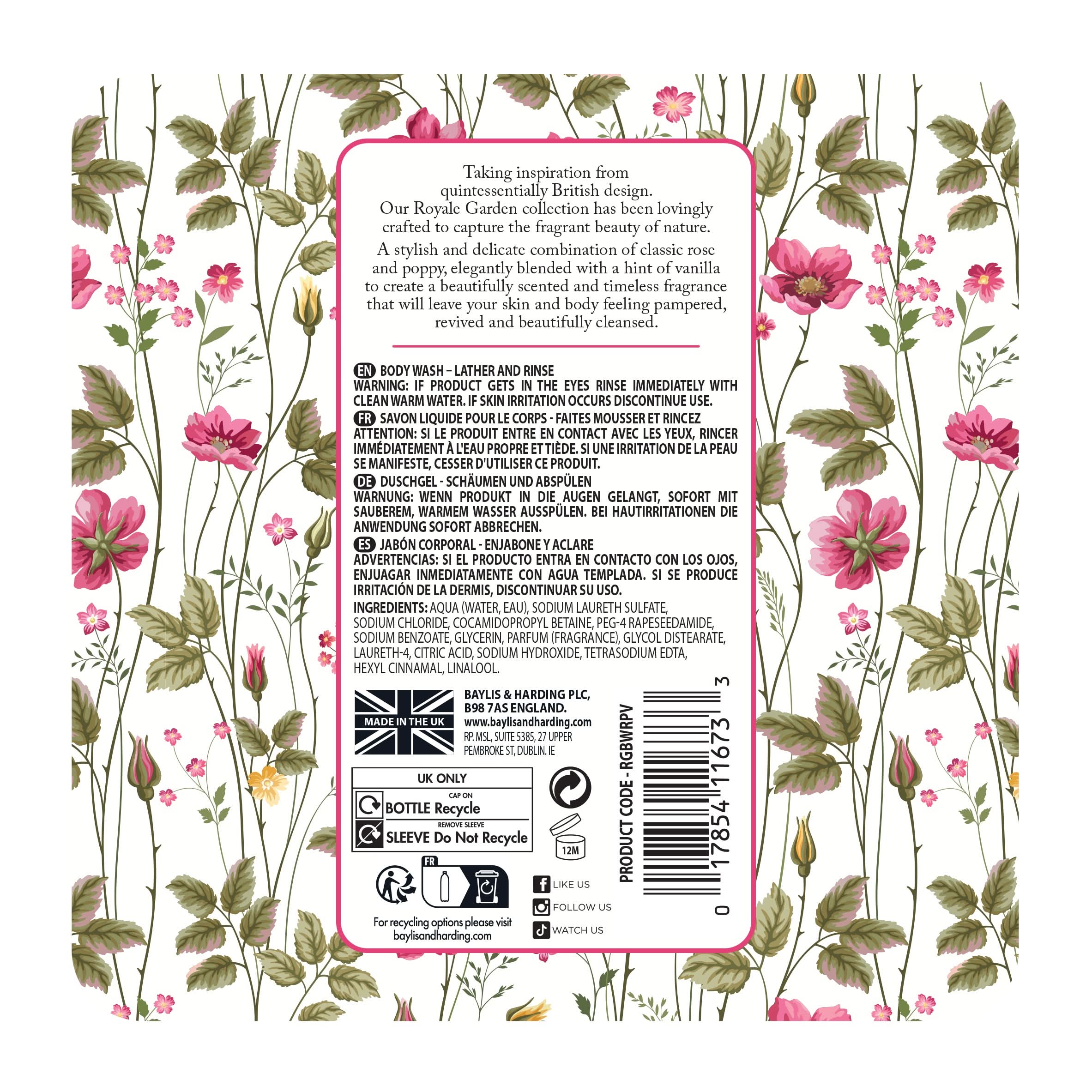 Baylis & Harding Royale Garden Rose, Poppy & Vanilla Body Wash 500ml ...