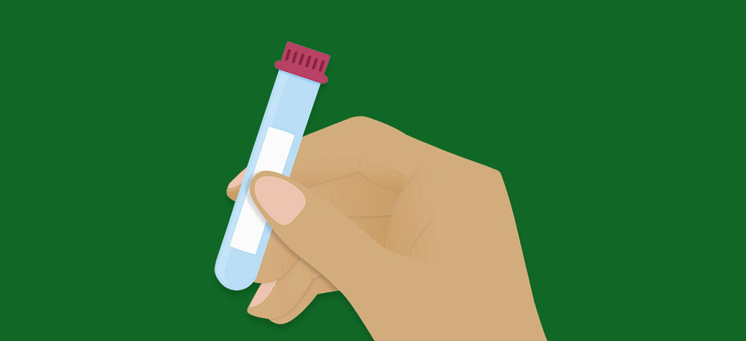 Illustrated hand holding a blue antibody tube