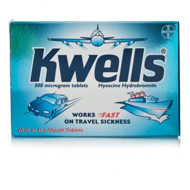 Kwells travel sickness tablets pack on a white background