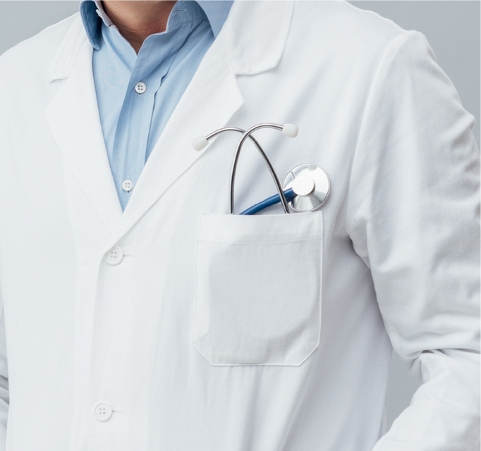 Medical professional wearing a white lab coat with a stethoscope promoting online doctor support and healthcare consultation services. 