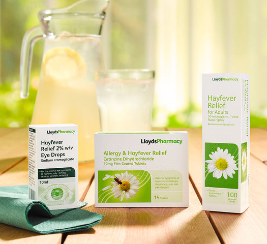 Hay fever relief products on a table