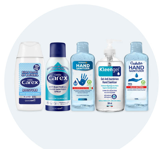 Hand sanitiser products on blue background