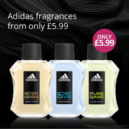 Adidas fragrance bottles with from only £5.99 offer on a black background