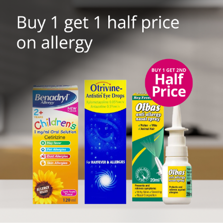 Allergy relief products with buy one get one half price offer on a blurred indoor background. Olbas, Ortrivine, Benadyl.