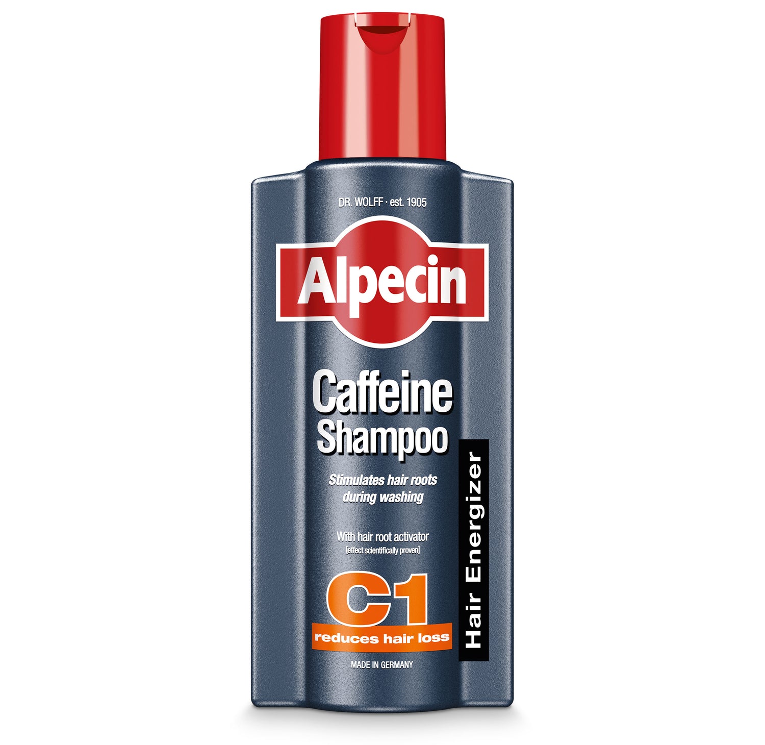 Bottle of Alpecin C1 caffeine shampoo with a red cap and a label that includes the product name and features such as 'stimulates hair growth directly at the roots', 'strengthens weakened hair', and 'no silicones'.