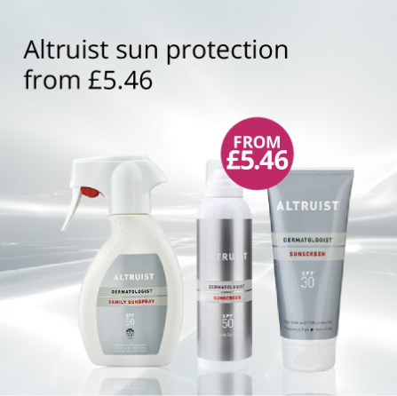 Altruist sun protection products including a spray, bottle, and tube on a light gray background.