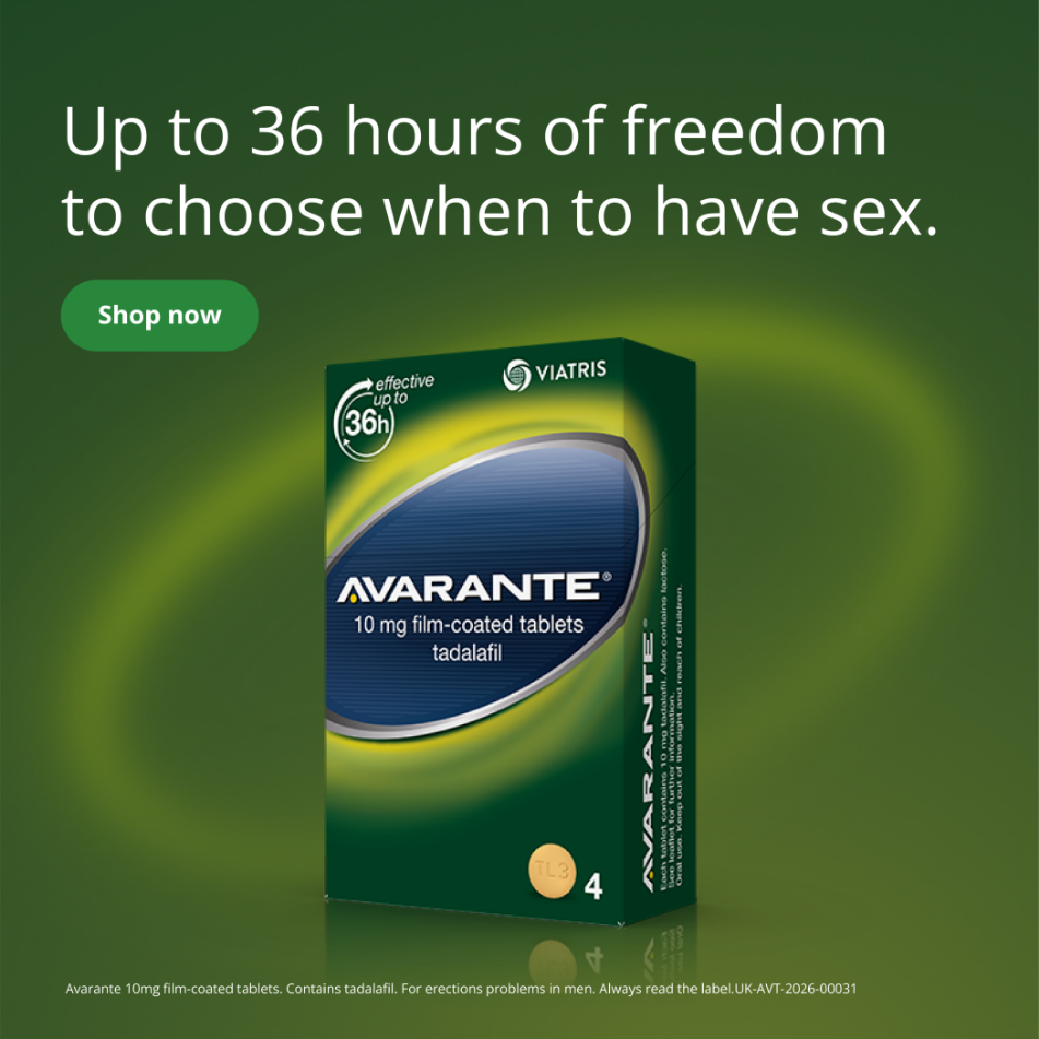 Avarante tadalafil tablets with promotional text on a green background