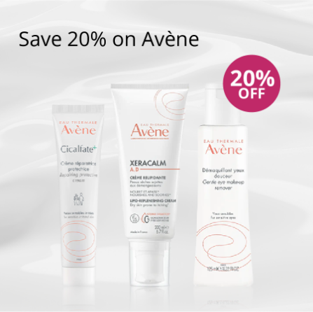 Avène skincare products with 20% off offer on a light grey background