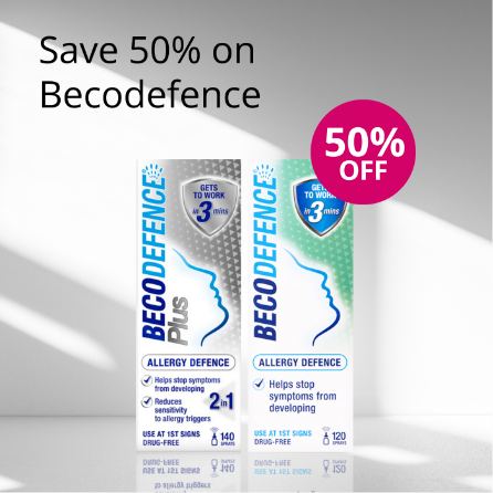 Becodefence allergy defence nasal sprays with 50% off offer on a grey background