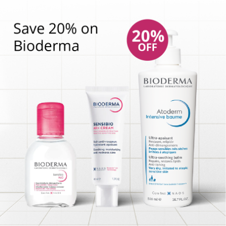 Bioderma skincare products with 20% off offer on a tiled background