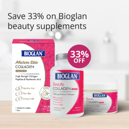 Bioglan beauty supplements with 33% off offer on a light background