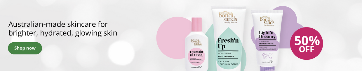 Bondi Sands skincare products with 50% off offer on a pastel background