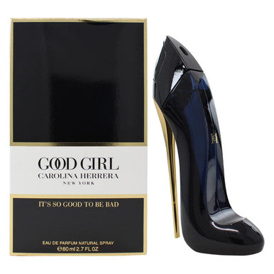 Carolina Herrera Good Girl eau de parfum spray with stiletto-shaped perfume bottle and packaging on a white background