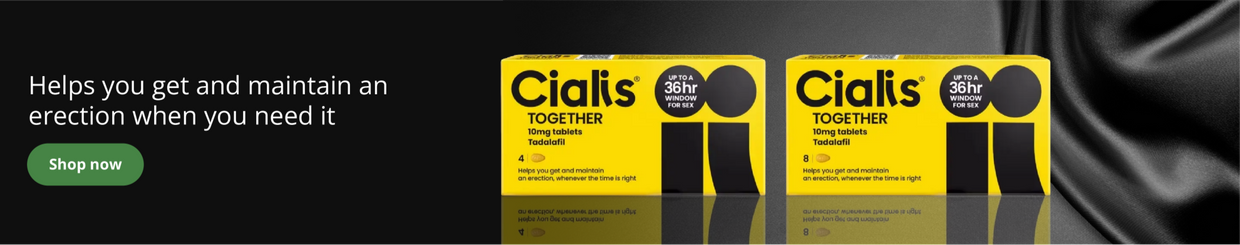Cialis Together tadalafil tablets with promotional text on a dark background