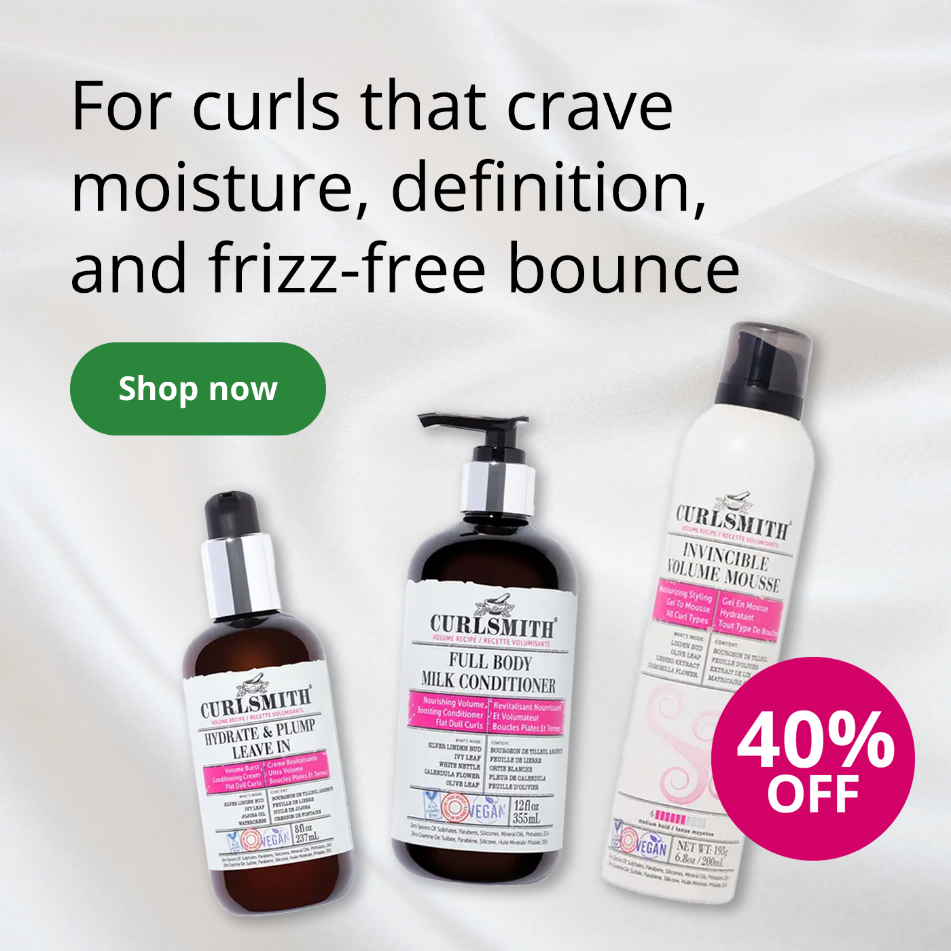 Curlsmith haircare products with 40% off offer on a white fabric background