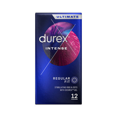Durex Intense regular fit condoms pack on a white background