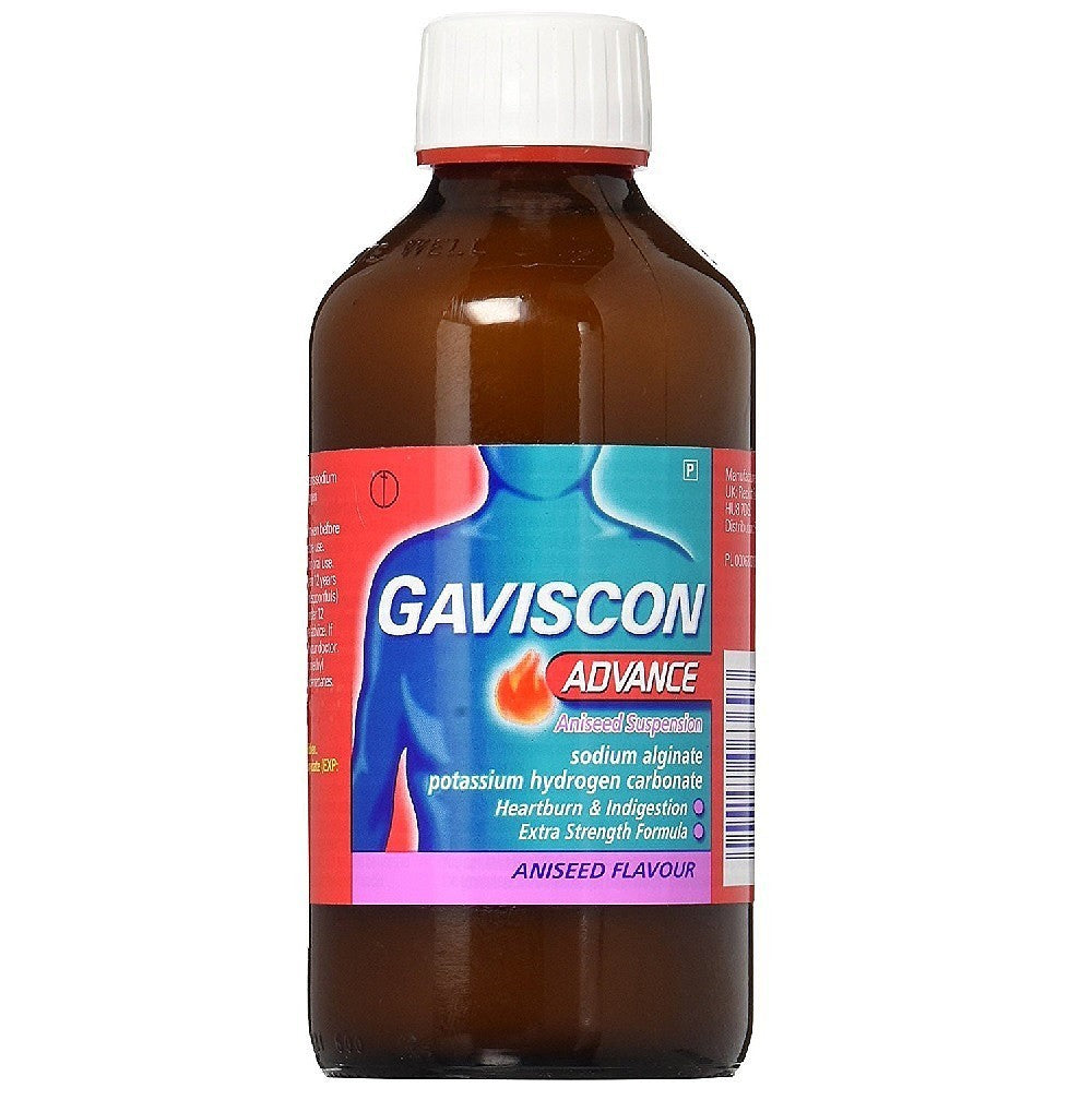 Gaviscon Advance aniseed flavour liquid bottle on a white background