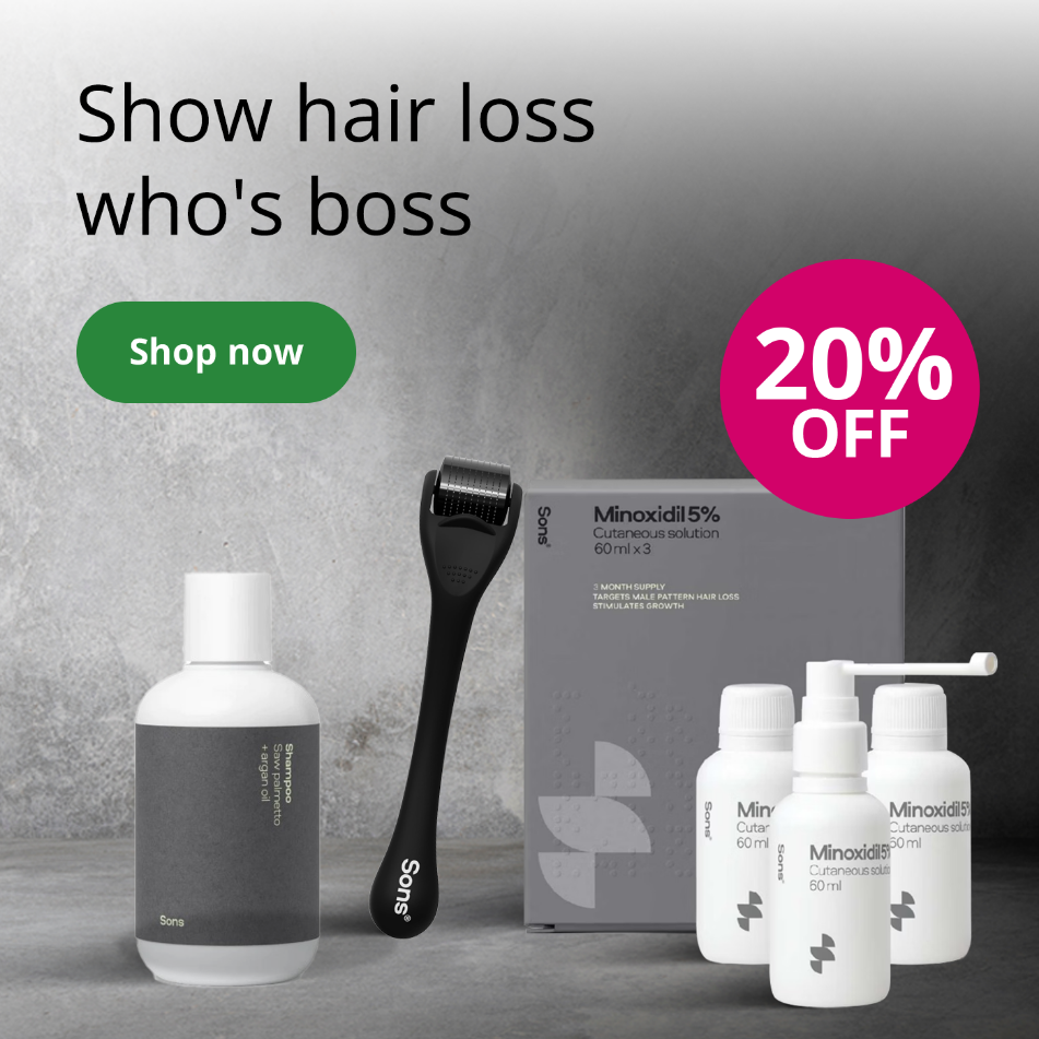 Hair loss treatment products with 20% off offer and promotional text on a grey background