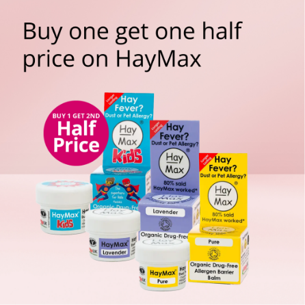 HayMax allergy barrier balm products with buy one get one half price offer on a pink background