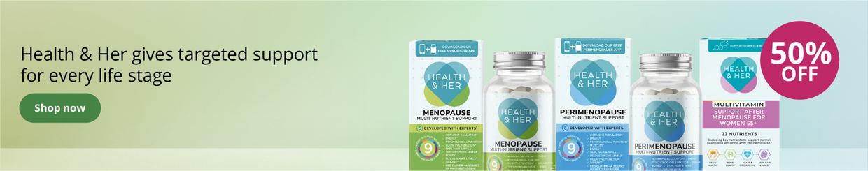 Health & Her menopause support supplements with 50% off offer on a green and blue background
