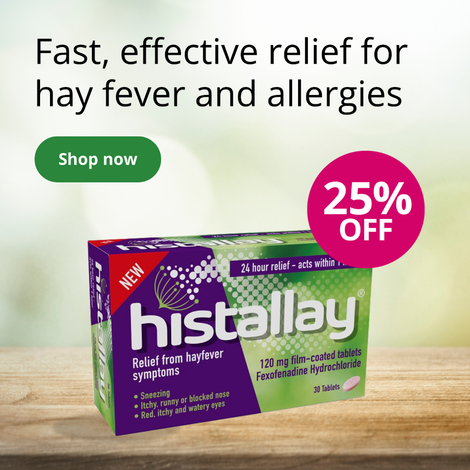 Histallay hay fever relief tablets with 25% off offer and promotional text on a soft green background