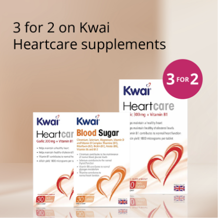 Kwai heartcare supplements with 3 for 2 offer and promotional text on a beige background