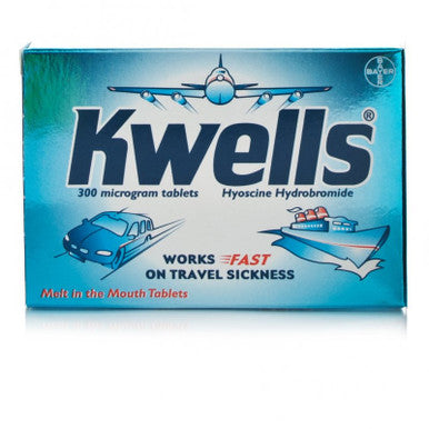 Kwells travel sickness tablets pack on a white background