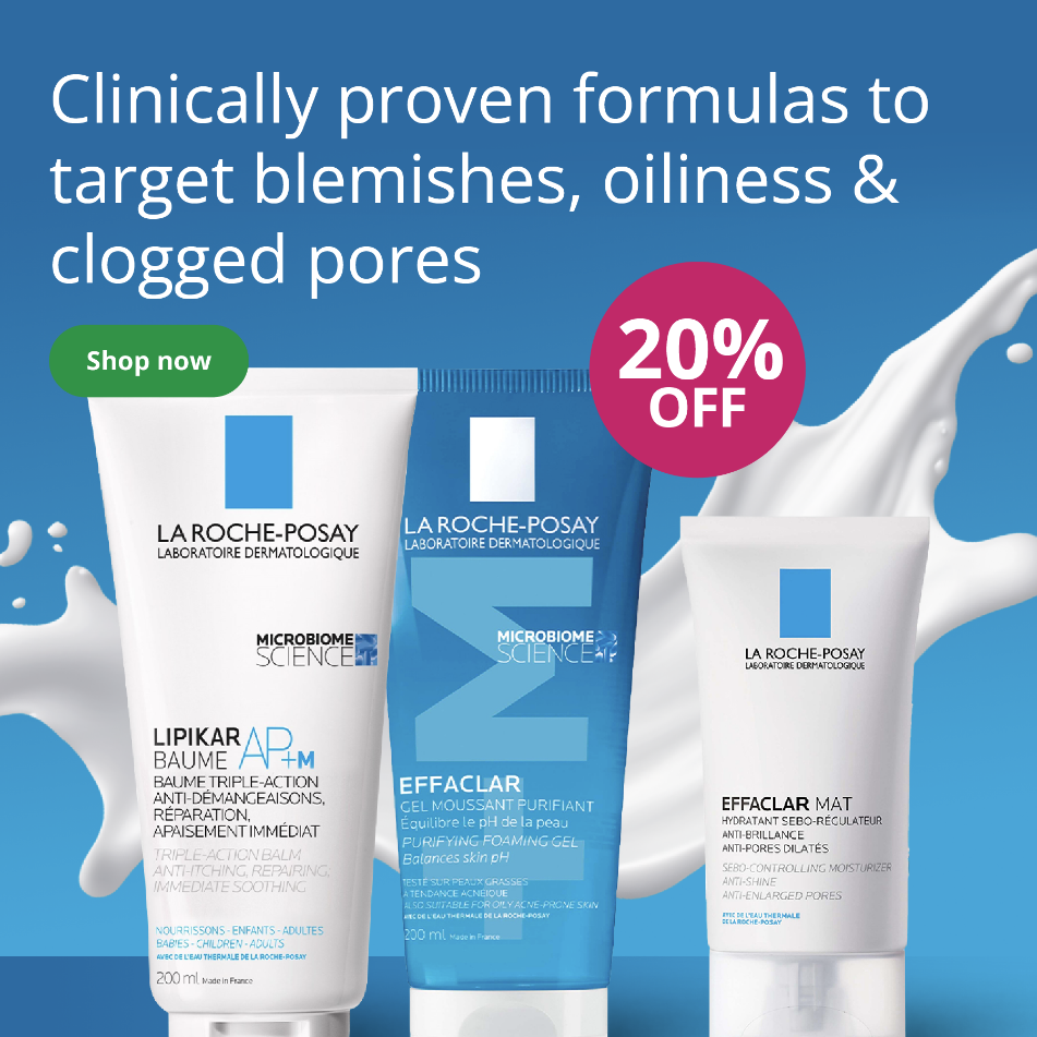 La Roche-Posay skincare products with 20% off offer on a blue background