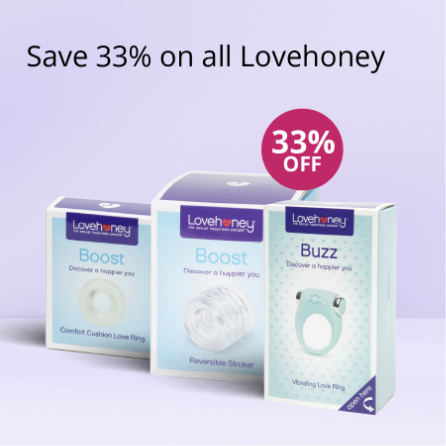 Lovehoney products with 33% off offer on a lilac background