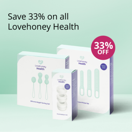 Lovehoney Health products with 33% off offer on a mint green background