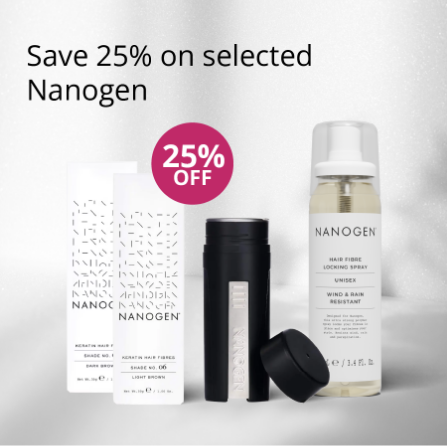 Nanogen hair care products with a 25% off label on a light gray background