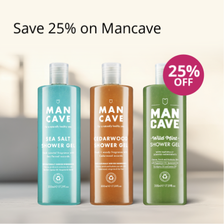 Three bottles of ManCave shower gel with a discount label on a neutral background