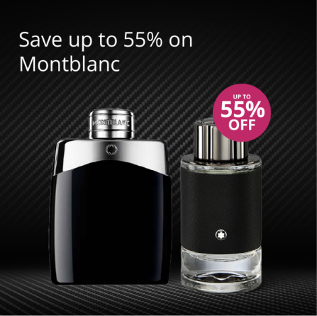 Montblanc fragrance bottles with up to 55% off offer on a black background
