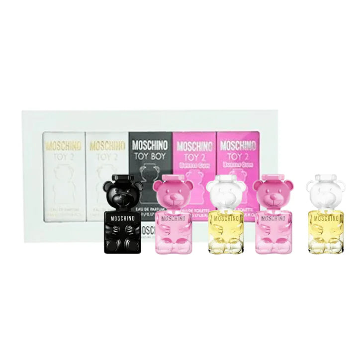 Moschino Toy Mini Collection gift set with five miniature perfume bottles and packaging on a white background
