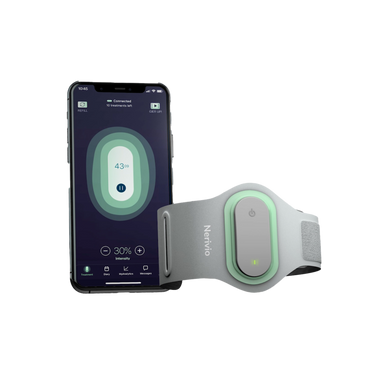 Nerivio drug-free migraine treatment wearable device with mobile app display on a white background