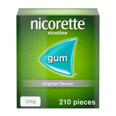 Nicorette nicotine gum original flavour 2mg pack on a plain background