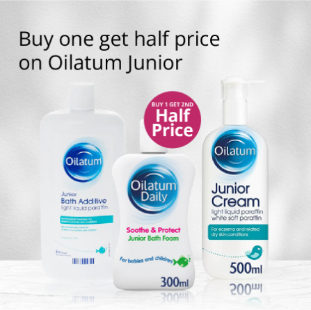 Oilatum Junior bath and skincare products with buy one get half price offer on a light grey background