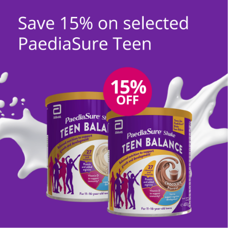Two PaediaSure Teen Balance containers with a 15% off label on a purple background.