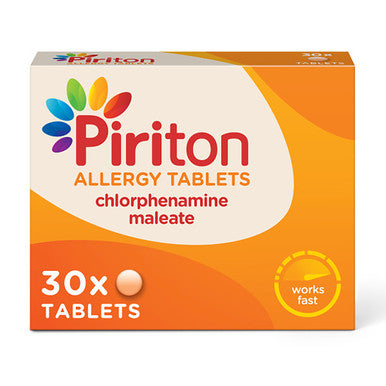 Piriton allergy tablets pack on a white background