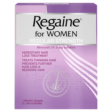 Regaine for Women Regular Strength hair regrowth treatment box on a plain background