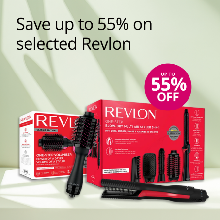 Revlon hair styling tools with up to 55% off offer on a green background