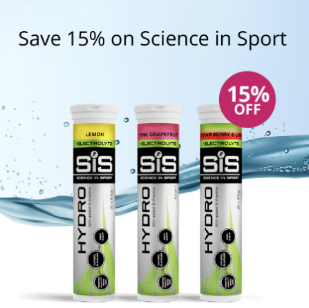 Three SIS Science in Sport electrolyte tablets with a promotional offer on a light blue background.