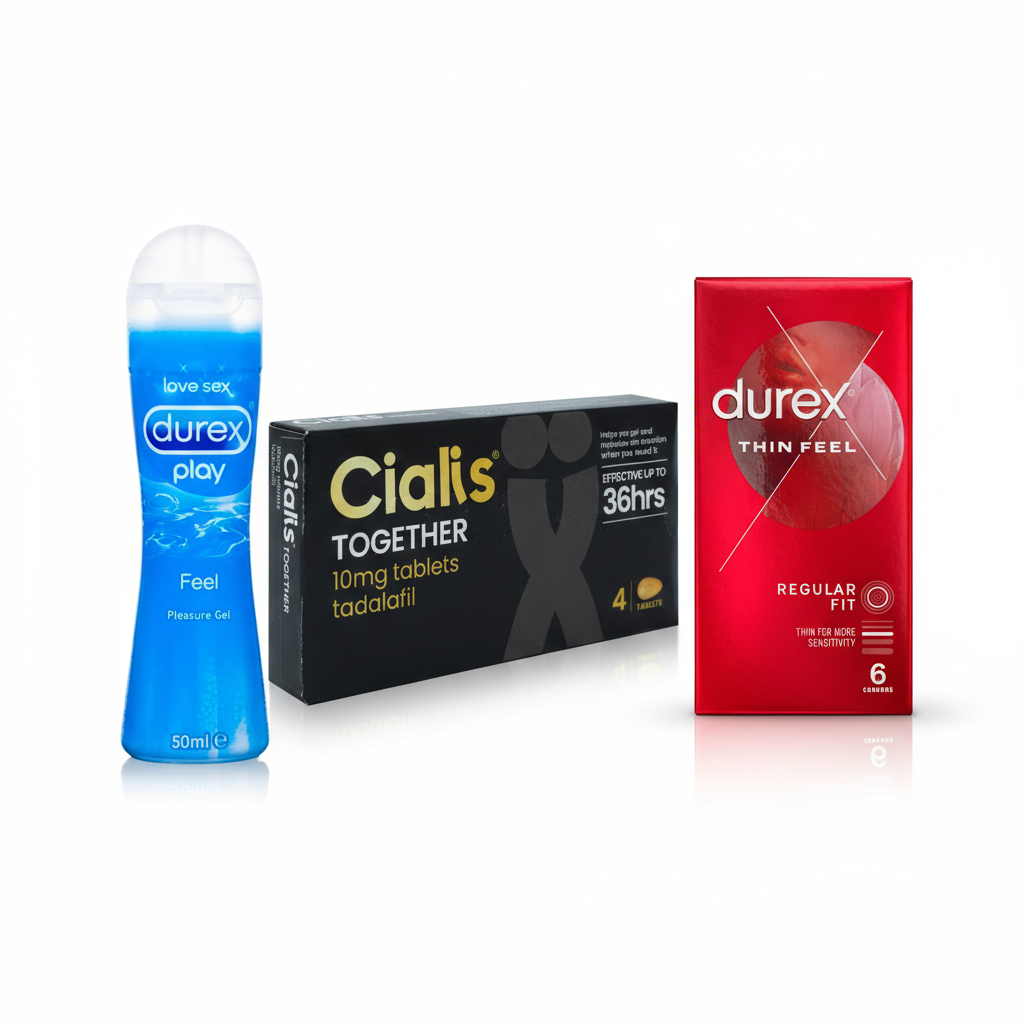 Durex Play lubricant, Cialis Together tablets and Durex Thin Feel condoms on a white background