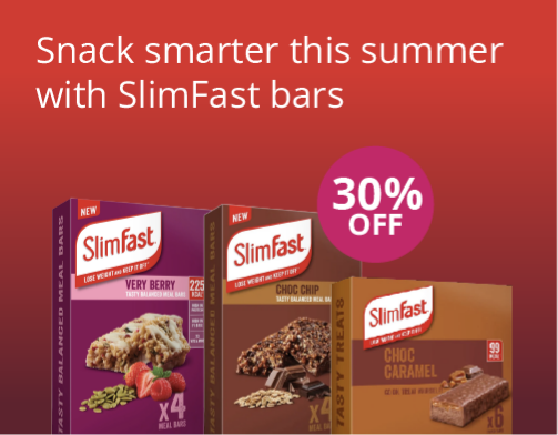 SlimFast bars packaging with promotional text on a red background
