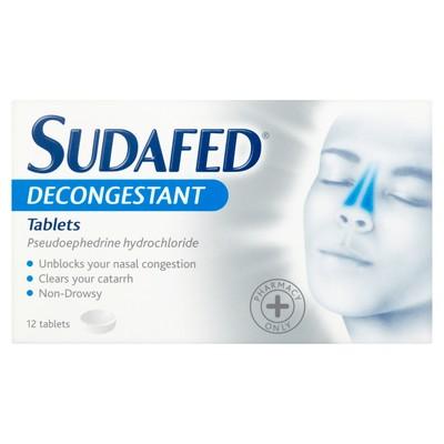 Sudafed Decongestant 12 tablets pack for nasal congestion relief on a white background