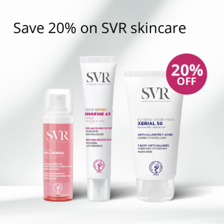 SVR skincare products with 20% off offer on a light grey background