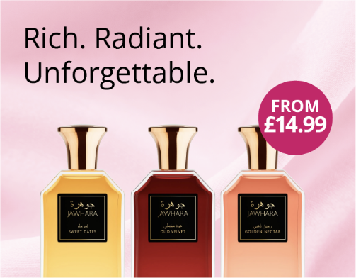 Three Jawhara fragrance bottles with from £14.99 offer on a pink background